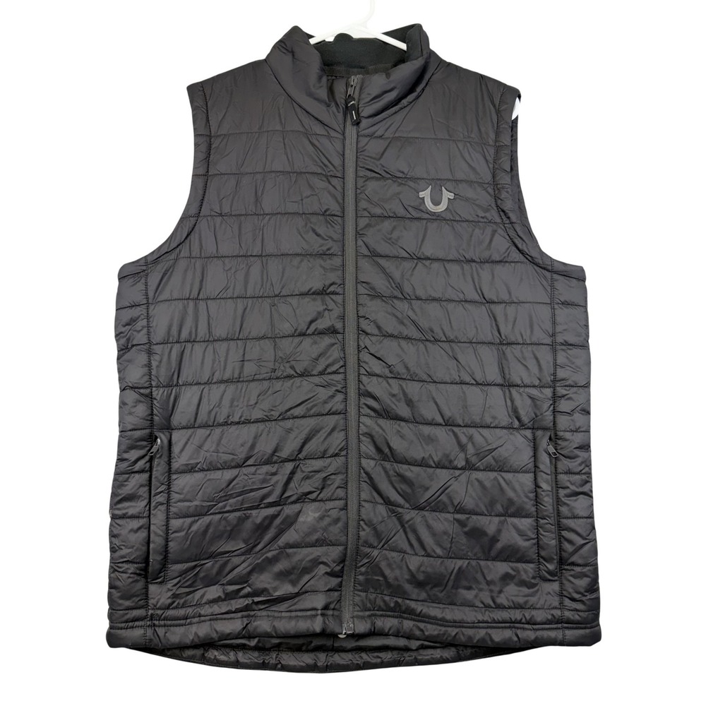 True Religion Vest Mens Small Black Quilted Insulated Full Zip Puffer Logo